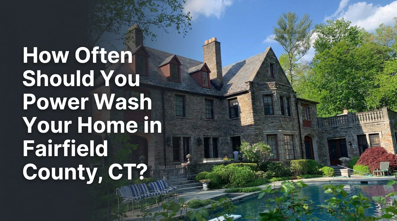 Stone home in Fairfield County with a swimming pool and the title “How Often Should You Power Wash Your Home in Fairfield County, CT?”