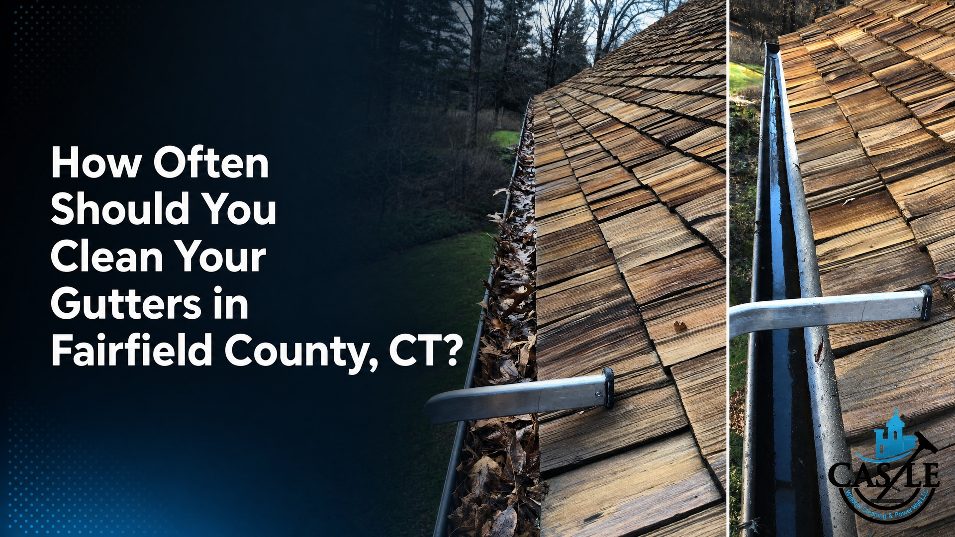 Before-and-after gutter cleaning on a cedar-shingle roof in Fairfield County, CT, showing a leaf-filled gutter beside a clean gutter.
