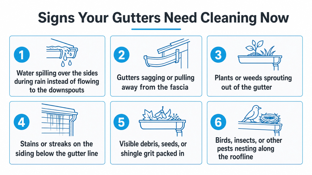 Six signs gutters need cleaning: overflowing water, sagging gutters, plant growth, siding stains, packed debris, and pests near the roofline.